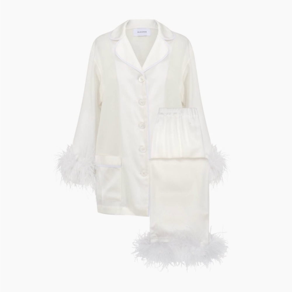 Sleeper Party Pajama Set with Double Feather Trim, M bottoms worn once,top never